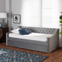 Baxton Studio CF9228 -Silver Grey Velvet-Daybed-TT Baxton Studio Raphael Modern and Contemporary Grey Velvet Fabric Upholstered Twin Size Daybed with Trundle